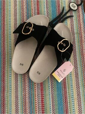 Mysoft Black Slide Sandals with Adjustable Gold Buckle Size 6